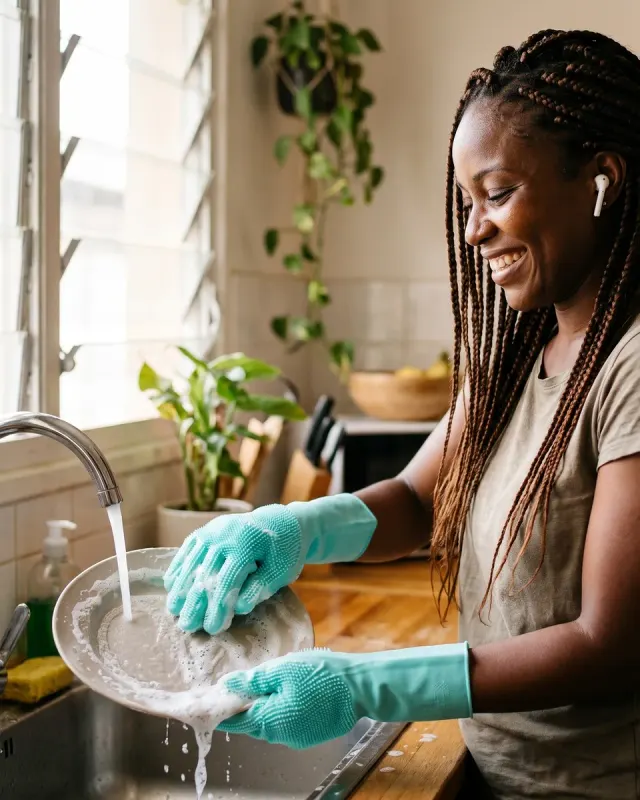 Une femme fait la vaisselle avec des gants en silicone turquoise.