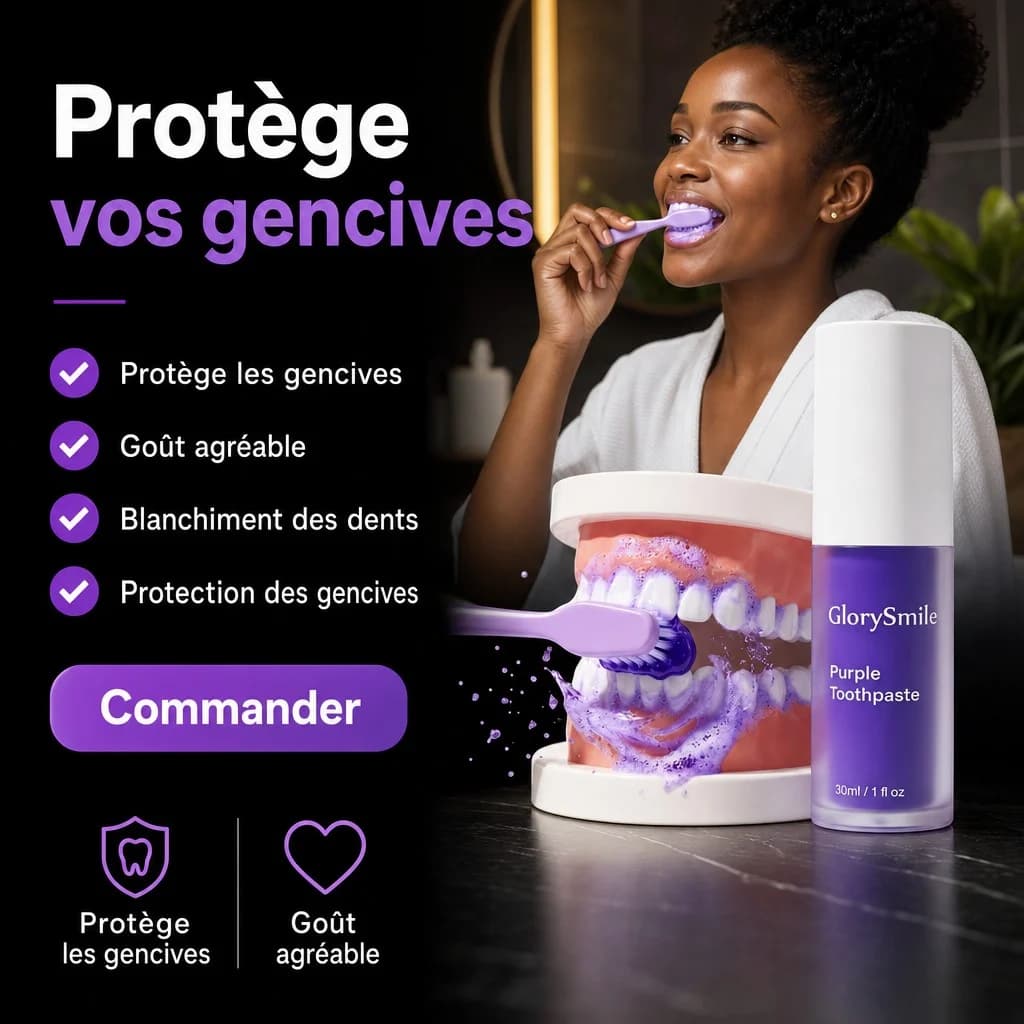 Affiche produite par Creafrik : une femme se brosse les dents, le flacon GlorySmile au premier plan.