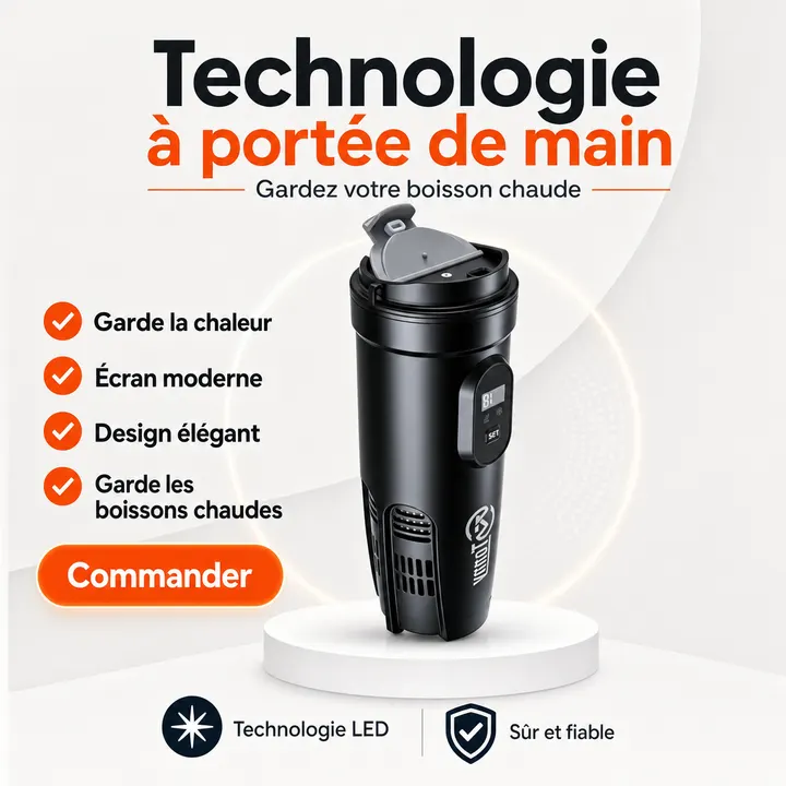 Affiche Creafrik : gobelet chauffant, accroche « Technologie à portée de main ».