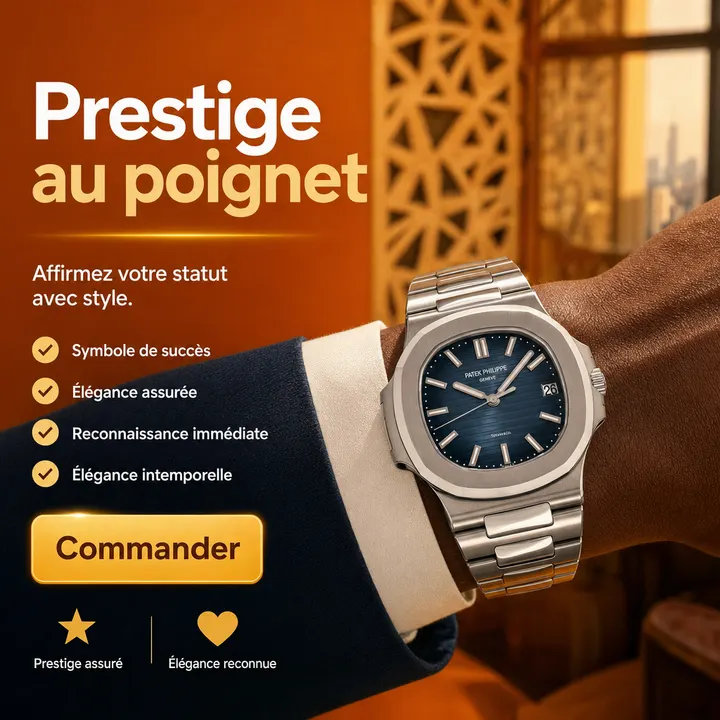 Affiche Creafrik : montre en acier au poignet, accroche « Prestige au poignet ».