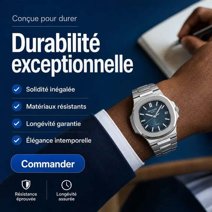 Affiche Creafrik : montre au poignet, accroche « Durabilité exceptionnelle ».