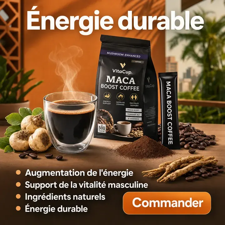 Affiche Creafrik : café et tasse, accroche « Énergie durable ».